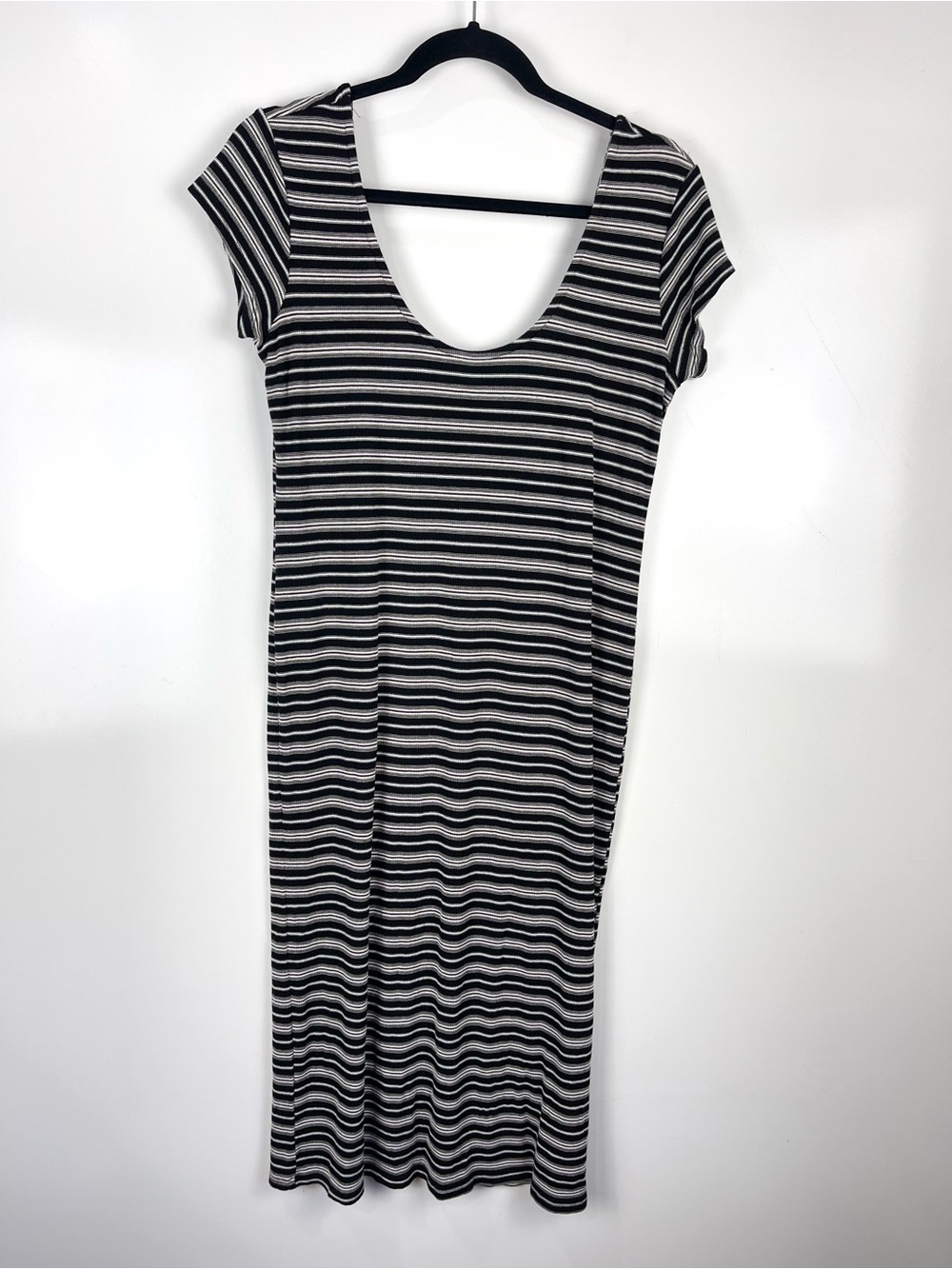 RVCA Black Striped Midi Dress Women's Size Large Scoop Neck Casual Stretch